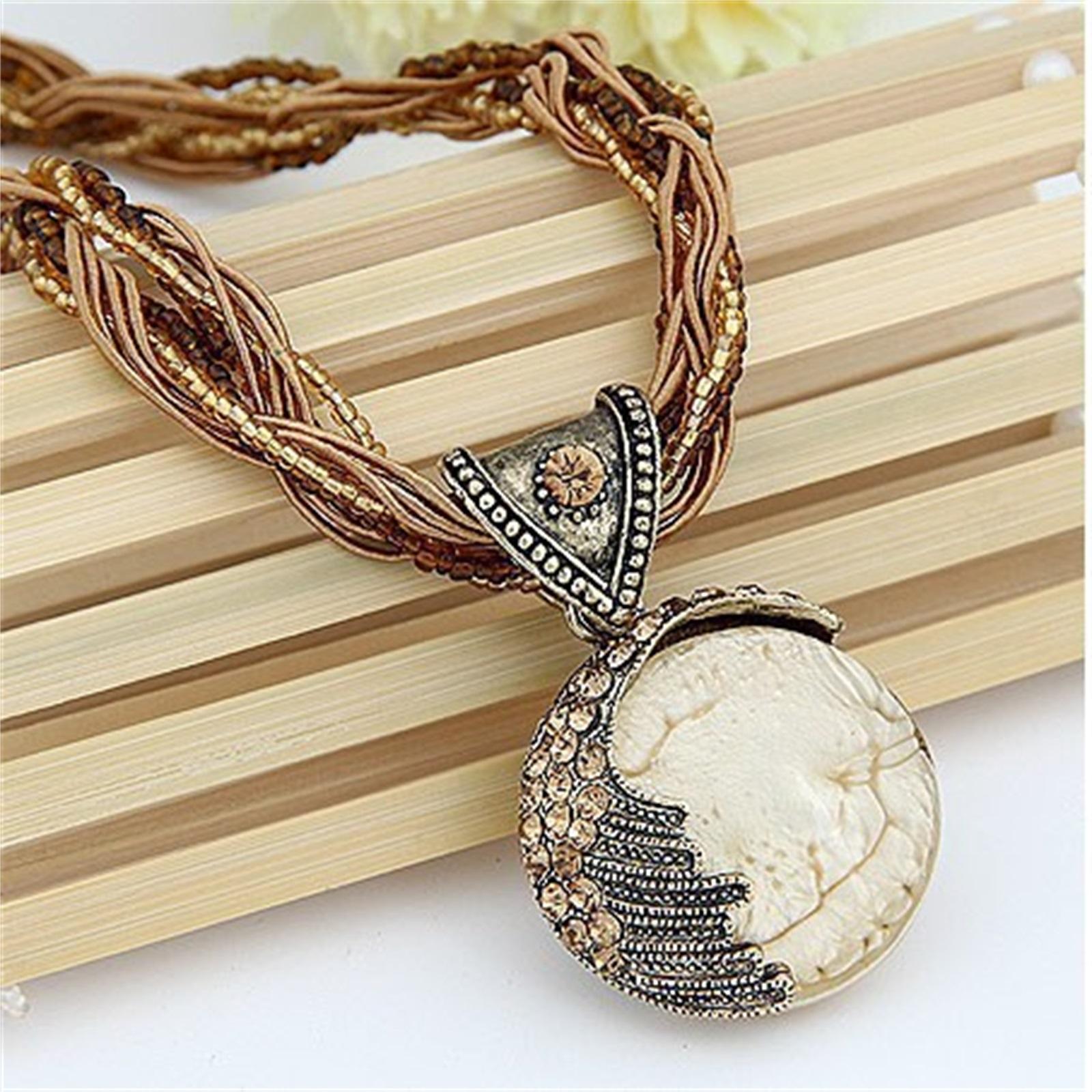 Bohemian Style Woven Beaded Necklace with Vintage-Inspired Pendant Featuring Intricate Beadwork and Detailed Metal Accents for Casual and Formal Wear One Size