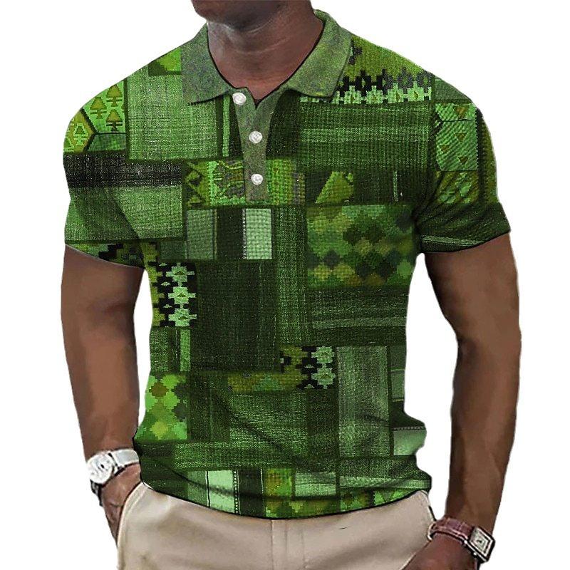 Retro Multi-color Block Splicing 3D Digital Printing Men's Casual Polo Shirt