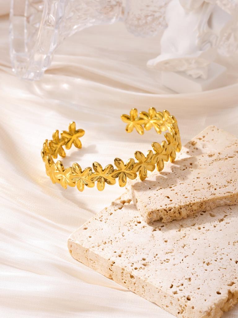 Bracciali Aperti Chunky con Fiori per Donna Acciaio Inossidabile Impermeabile Fiori Bracciale Largo Gioielli per Mano da Festa Matrimonio Regalo Elegante