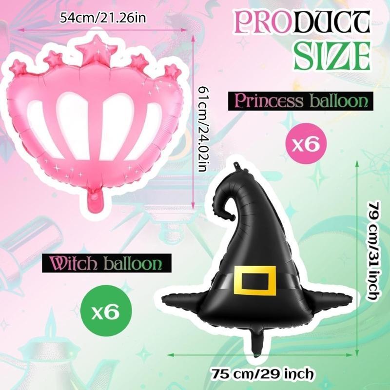 12Pcs Wicked Birthday Party Supplies with Black Witch Hat Balloons and Pink Princess Crown Balloons for Festival Decors