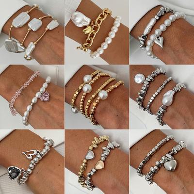 Barock Spezielle Form Imitation Perle Perlenarmband Mode Kies Glitzer Diamant Liebesanhänger Elastisches Armband
