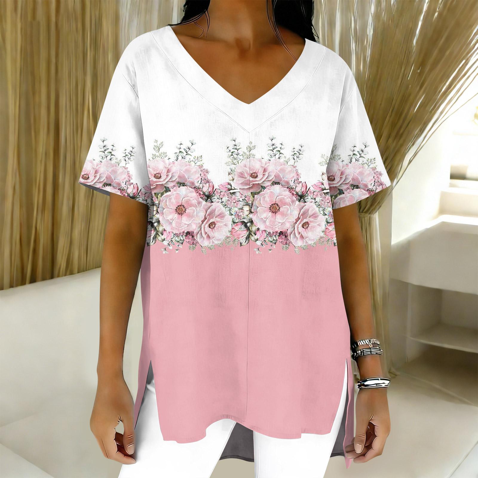 Женская мода повседневный короткий рукав цветочный принт топ XXL