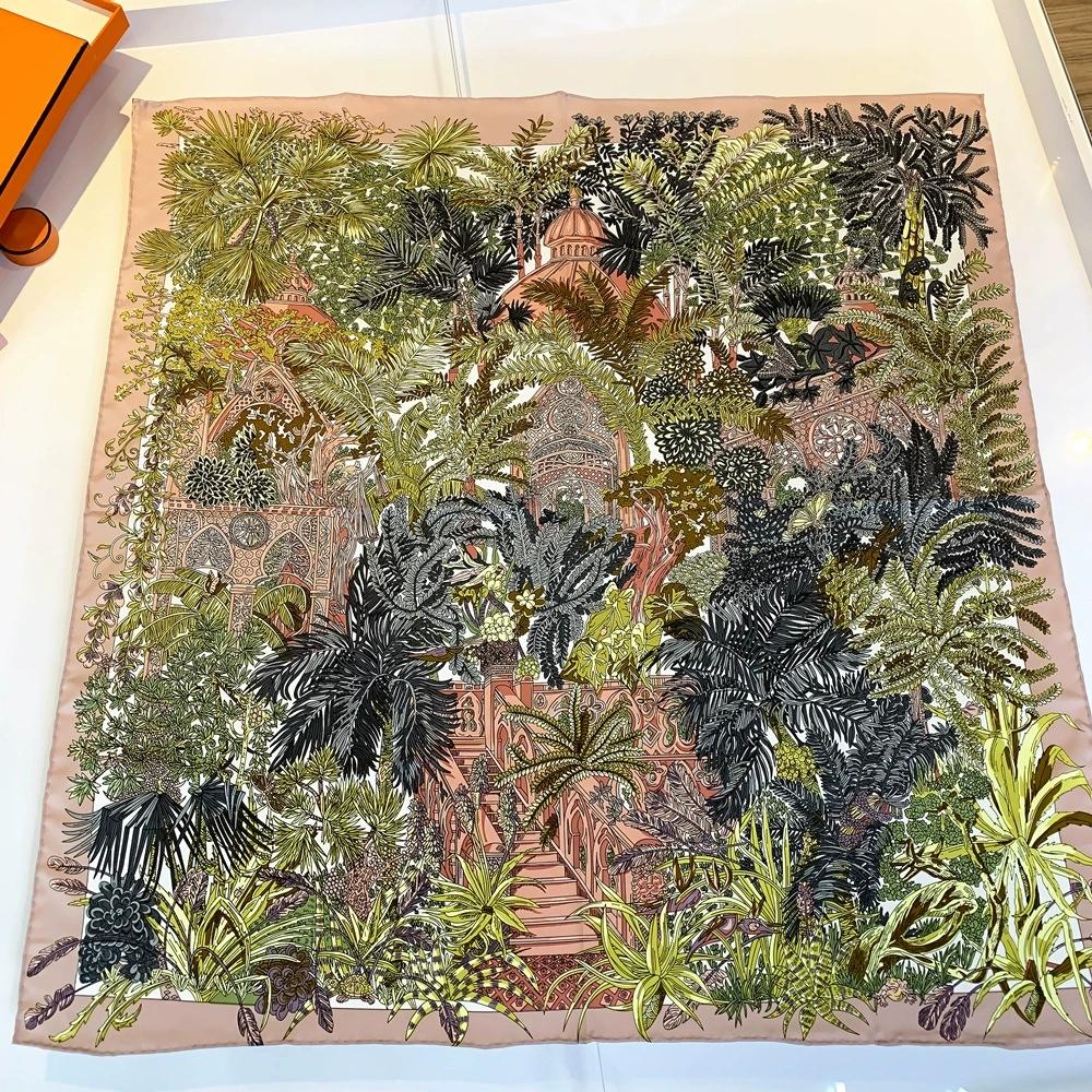 

90CM Manual Hand Rolled Twill Silk Scarf Women High-End Square Scarves Forest and Castle Printed Echarpes Foulard Wrap Bandana 90x90cm
