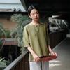 Women Vintage Embroidery T-Shirts O-Neck Seven Sleeve Summer Solid Color Loose Female T-Shirts