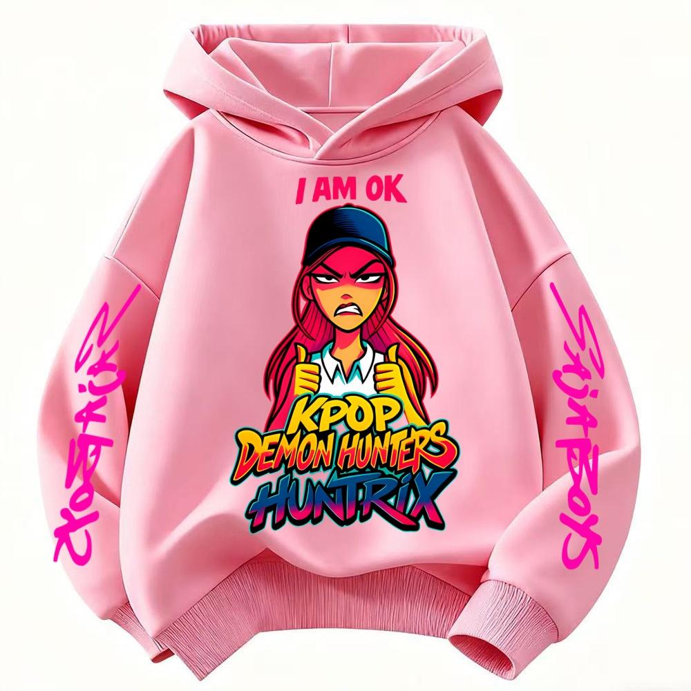 Cute Derpy KPop Demon Hunter Cartoon Girls Hooded Sweatshirt Warm Children's Wave Fashion Tops Casual Black Pink Clothing