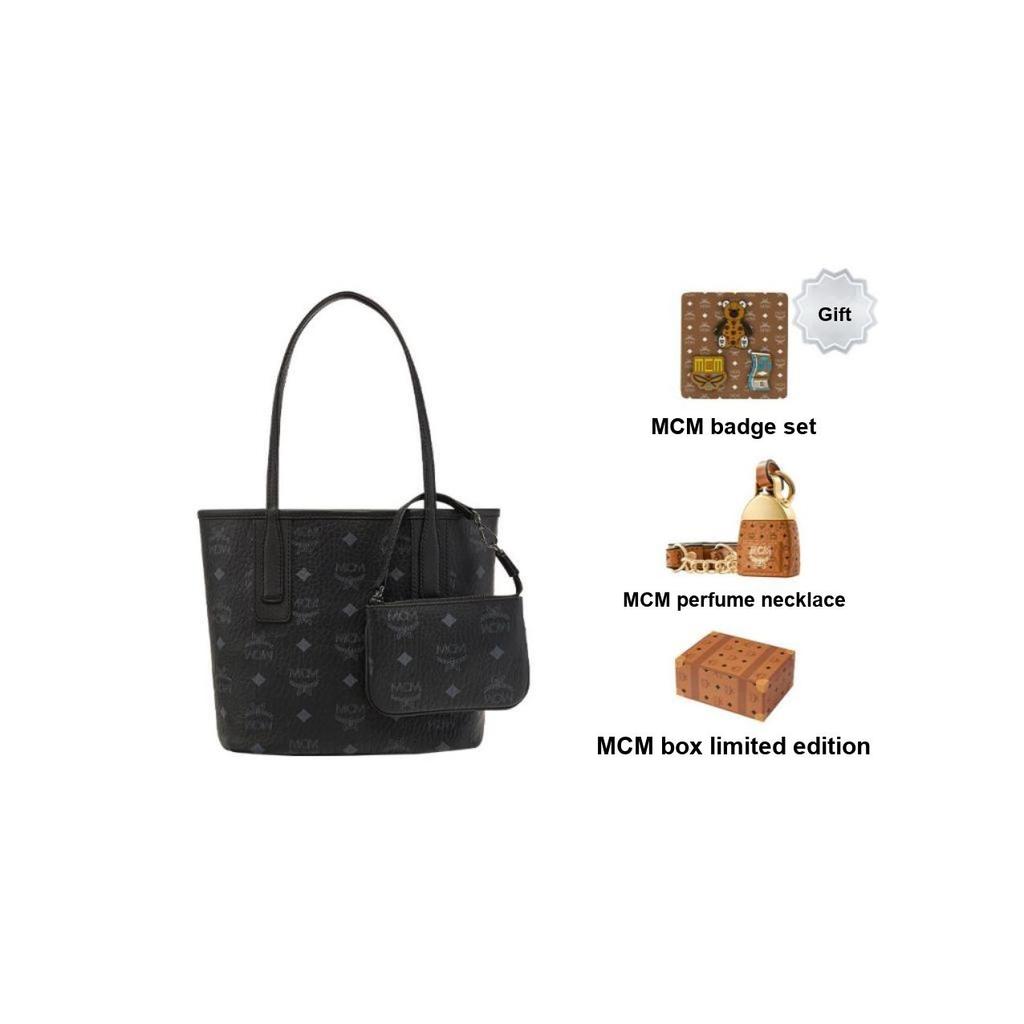 MCM Visetos Medium Tote Bag, Black Monogram Handbag, for Daily Commute Shopping Travel MWPDALR01BK001