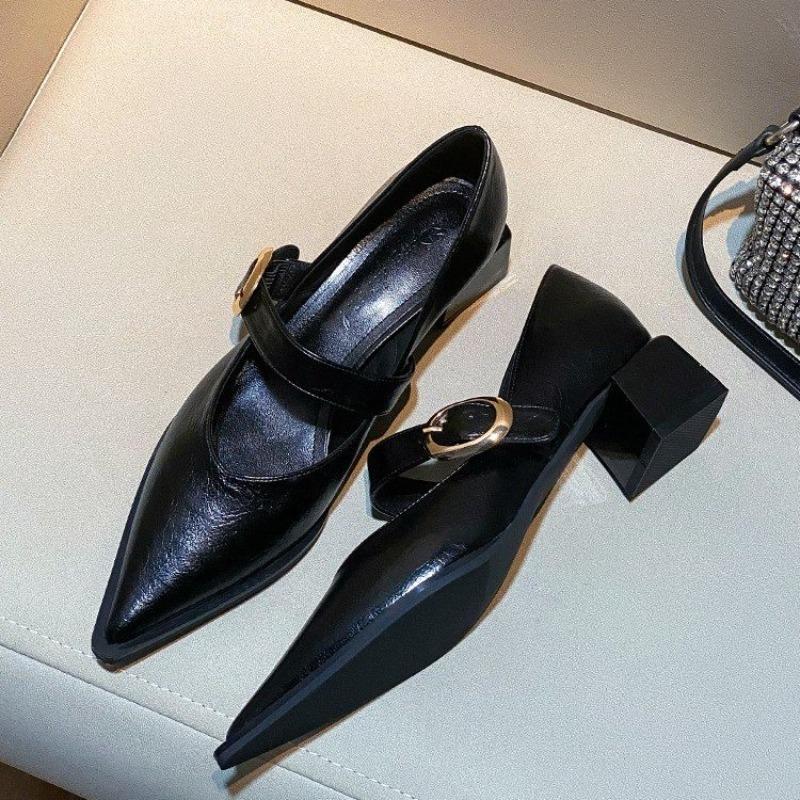 

Fashion Designer Vintage Pointed Toe Women Mary Jane Shoes Fashion Shallow Buckle Shoes Spring Ladies Elegant Dress Thick Heel Shoes 35 чёрный