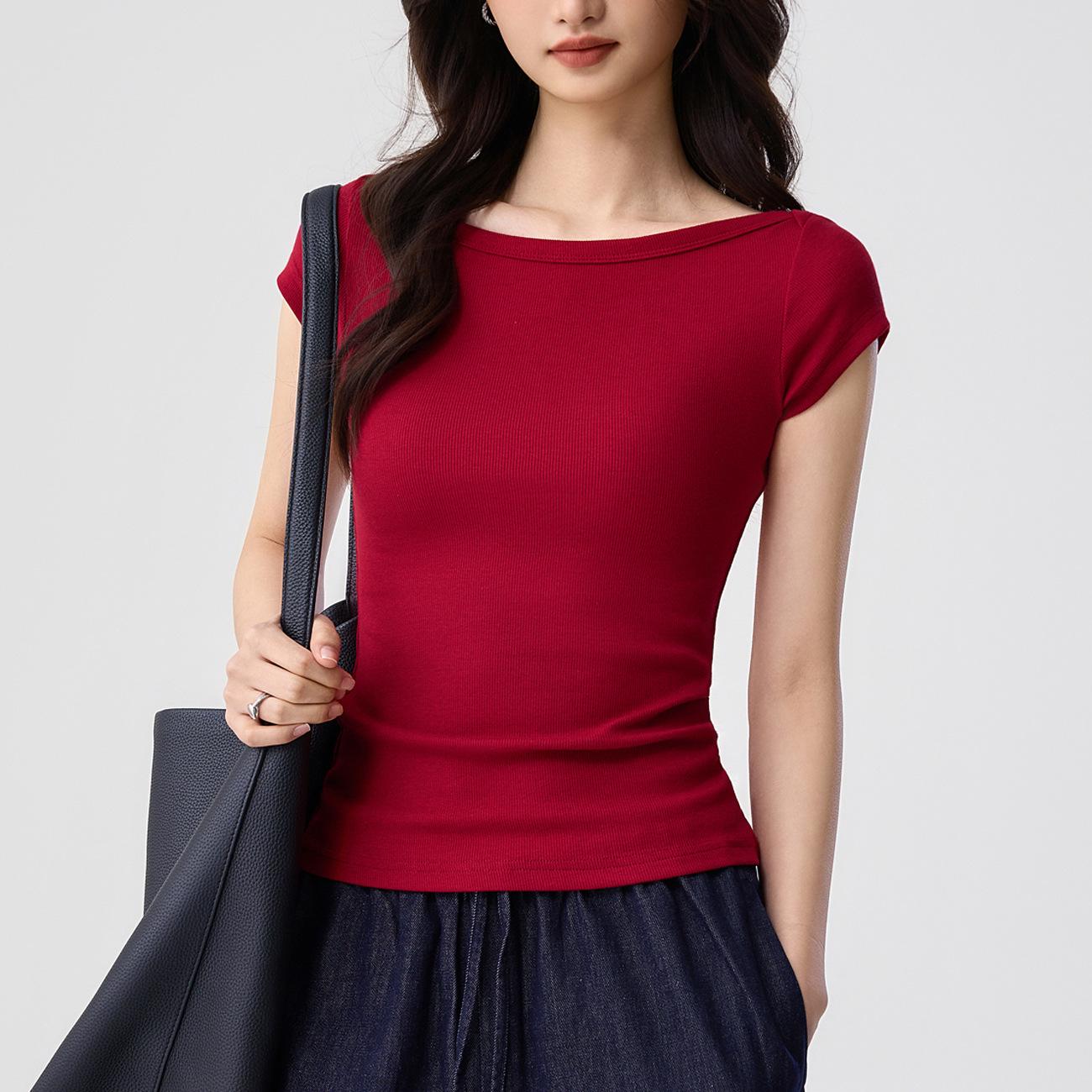 Youkesi Women s Summer Slim Fit U-Neck One-Shoulder T-Shirt, 260g, Short Sleeves, Waist-Cinched Versatile Top XL