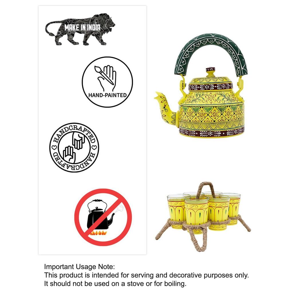 Handcrafted & Handpainted Multicoloured Aluminium Tea Kettle Pot and 6 Glasses with Stand (Yellow, Green, Brown)