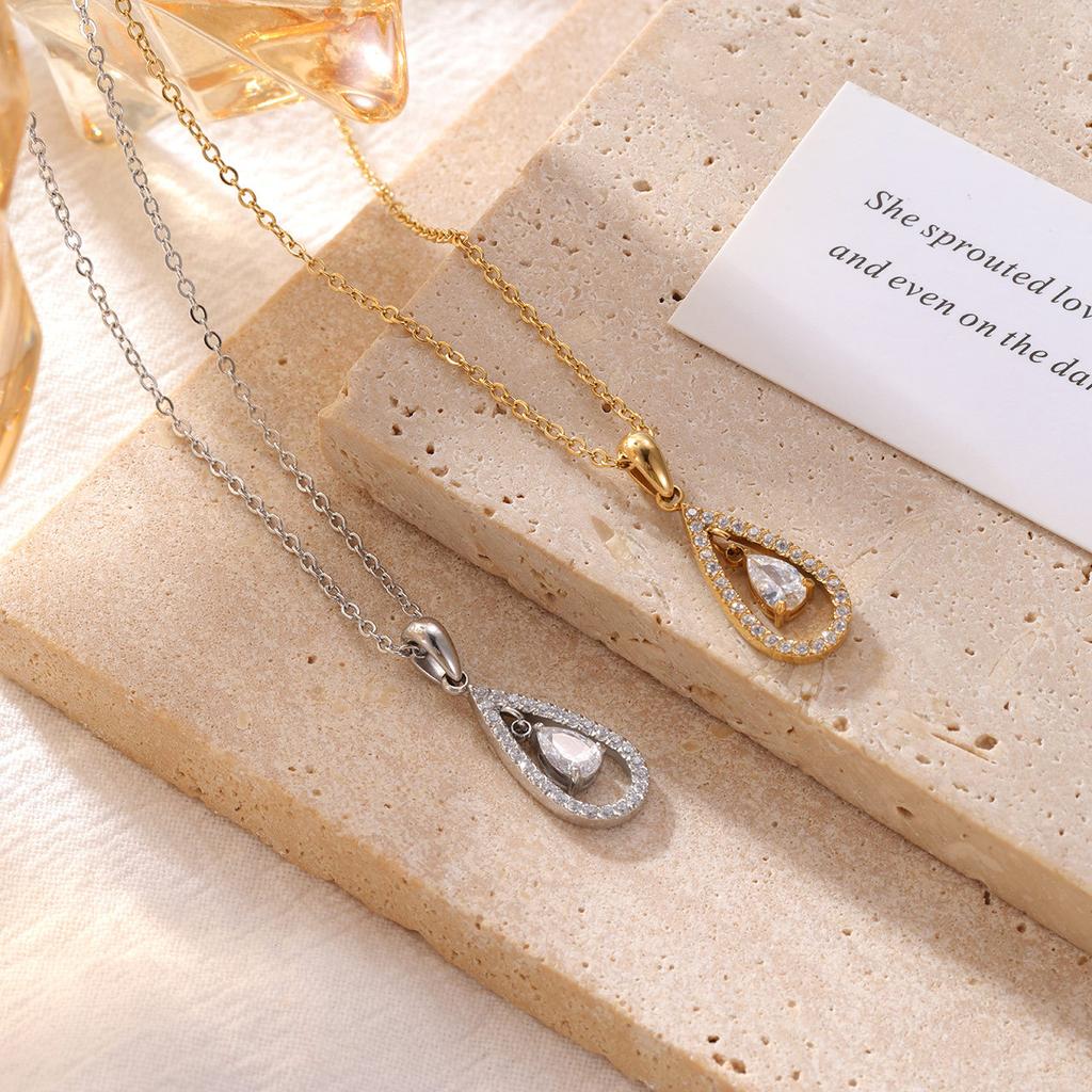 Fashion Minimalist Stainless Steel Jewelry 18k Gold Plated Waterproof Hollow Water Drop Shape Zircon Pendant Necklace YF6041