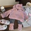 Korean Style 2024 Autumn Girls' Hooded Knit Cardigan & Color Block Leggings Set
