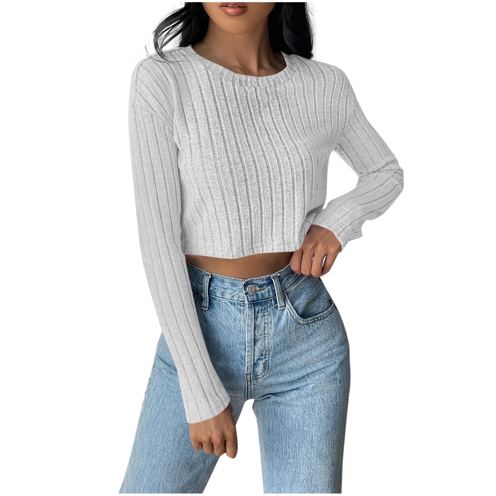 

Women s Fashionable Solid Color Round Neck Long Sleeved Casual T-shirt Casual Top M