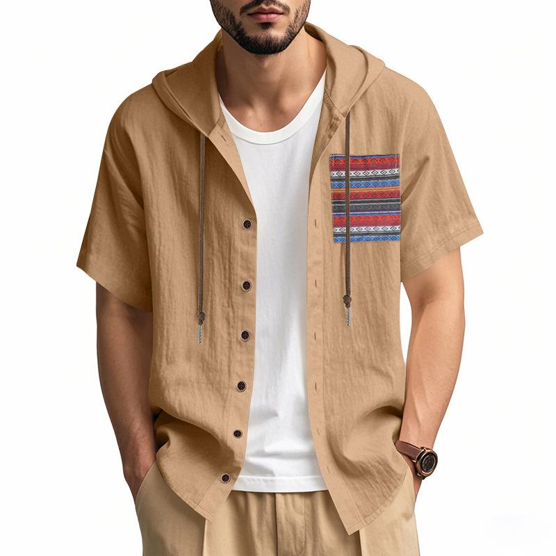

Summer Men s Lightweight Pocketed Breathable Linen Loose-Fit Hooded Cardigan Short-Sleeved Shirt XXXL коричневий