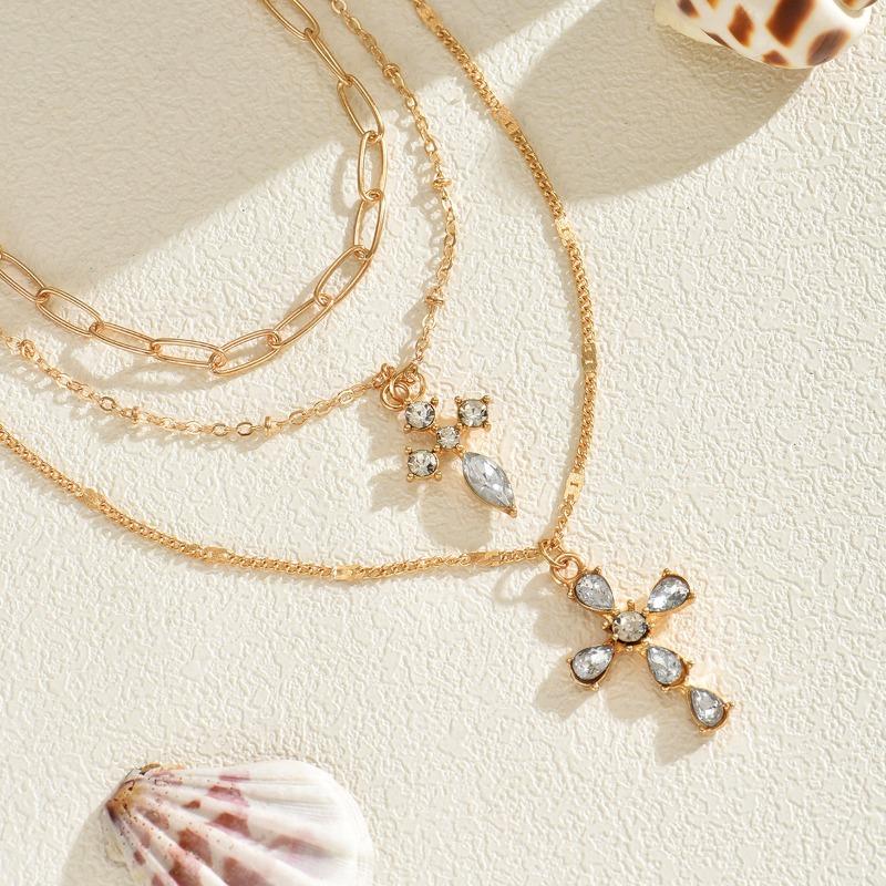 New Double-layer Cross Necklace Women's Simple Stacking Design Sense Diamond-set Temperament Versatile Pendant Collarbone Chain