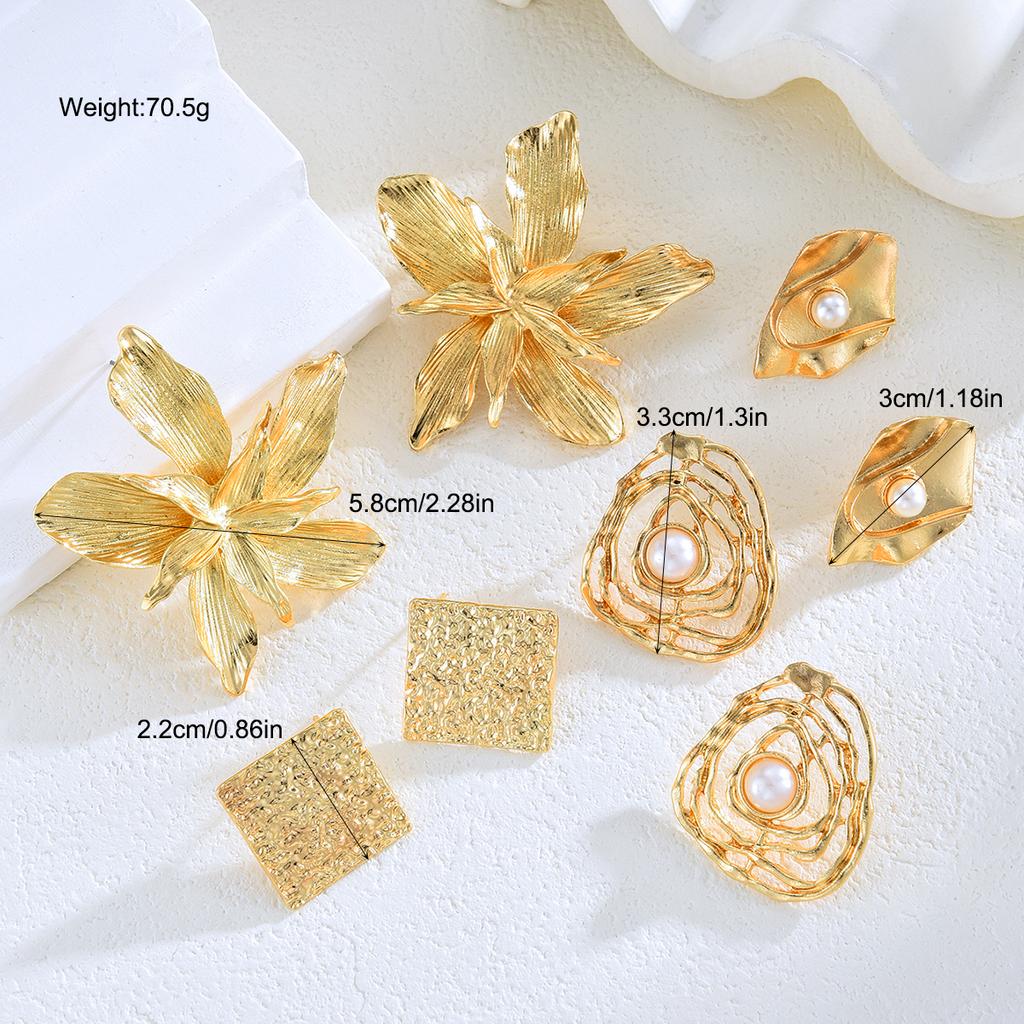 8pcs Set Exaggerated Irregular Earrings for Women Vintage Hollowed-out Leaves Flower Imitation Pearl Drop Earrings Boho Jewelry