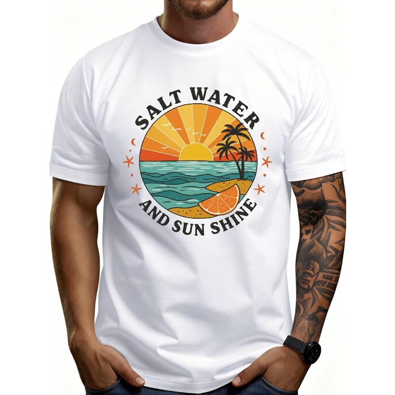 Europäische Größe Lässiges Sommer-T-Shirt für Herren Salzwasser und Sonnenschein Strandszene mit Palmen Sonnenuntergang und Orangenscheiben-Design