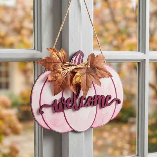 3D Embossed Welcome Text Wooden Pumpkin Sign for Front Door, Rustic Fall Harvest Hanging Pendant with Thanksgiving Party Supplies Letters And
