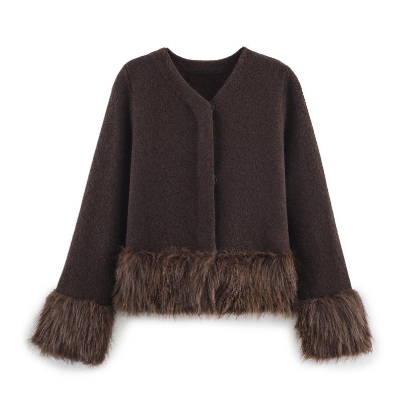 

European & American Women s Fashion Faux Fur Patchwork Knit Jacket L кофейный