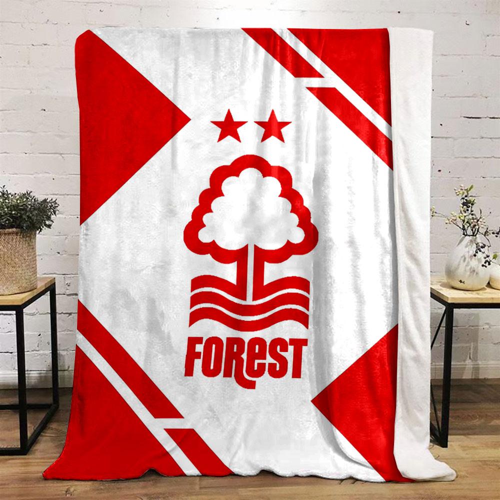 A red tree and wave logo with two stars, framed by geometric red shapes. for all seasons blanket lunch break throw gift