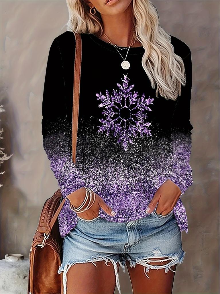 Weihnachtsthema Schneeflocke 3D-Druck O-Ausschnitt Langarm T-Shirt Mode Damenkleidung Casual Y2K Kleidung Harajuku Damenkleidung