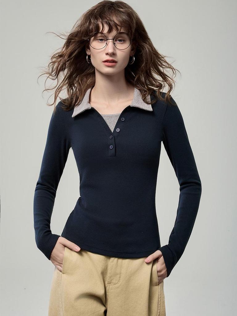 Women's Color Block Henley Polo Long Sleeve Slim Fit T-Shirt (Autumn 2025 Collection)