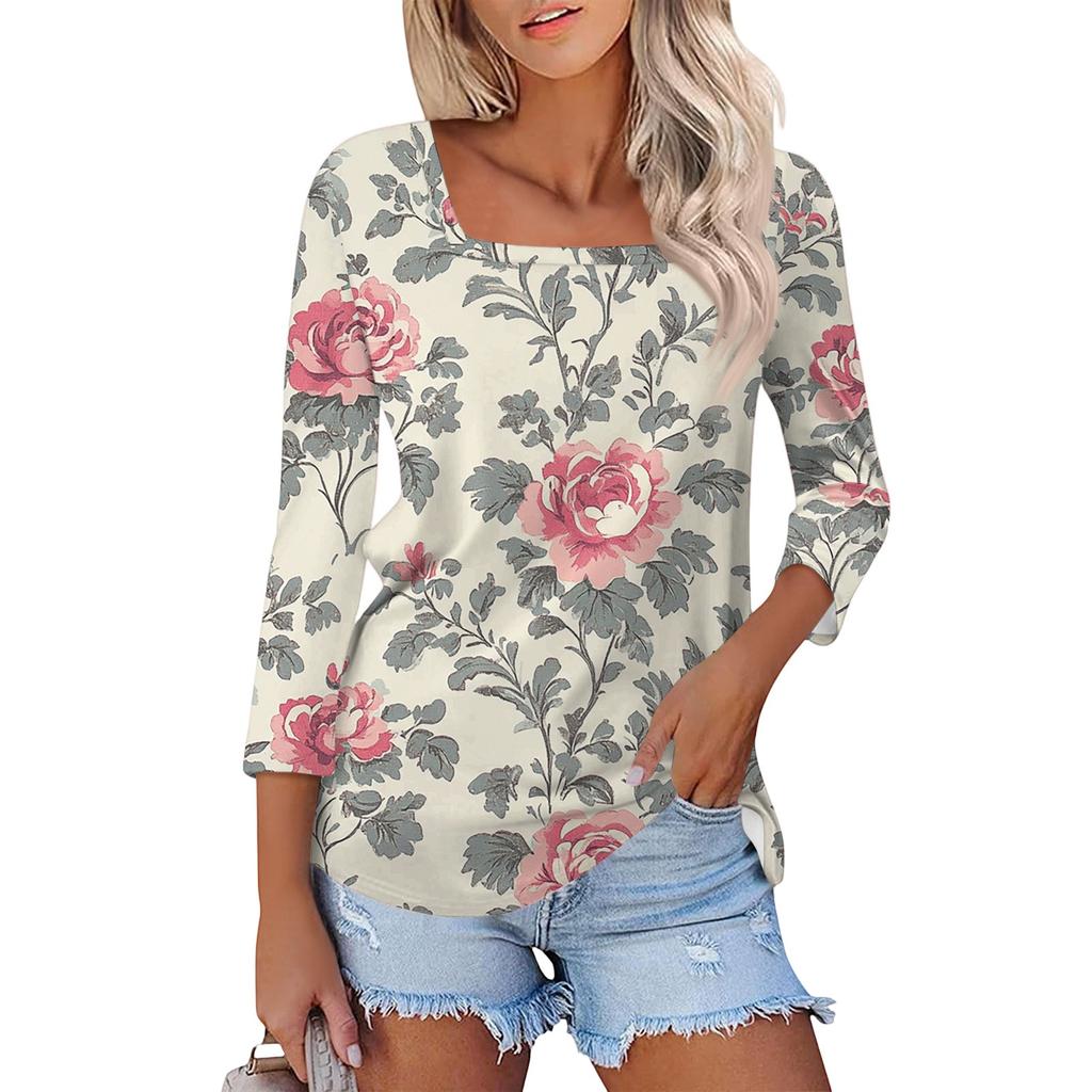 Dámské tričko s potiskem a 3/4 rukávy pro každodenní nošení i na víkend, módní základní top se čtvercovým výstřihem, běžný střih