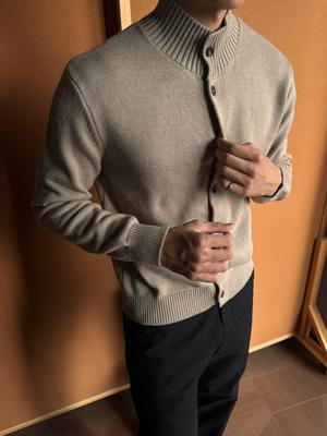 Men's Black Autumn/Winter High-Collar Button-Up Cardigan Sweater - American Casual Knitwear