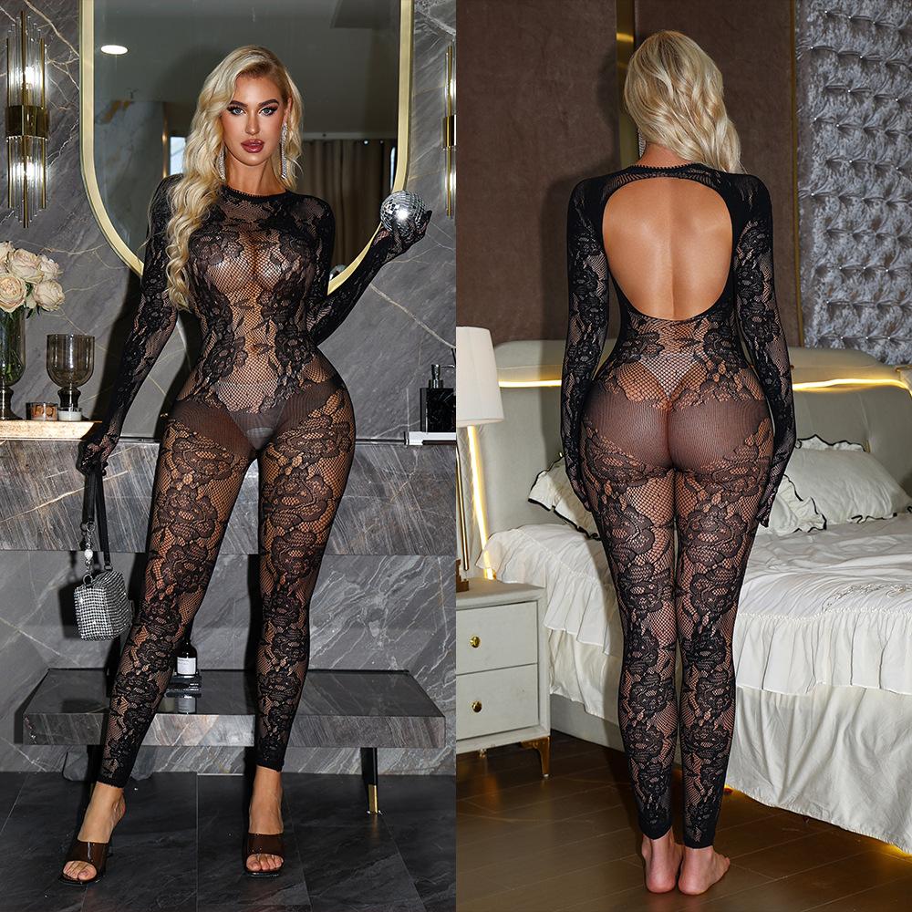 Sexy Langarm Bodysuit Damen Rot Floral Spitze Durchsichtig Rückenfrei Transparentes Netz Jumpsuit Eng Anliegend Bodycon Dessous Exotische Kleidung