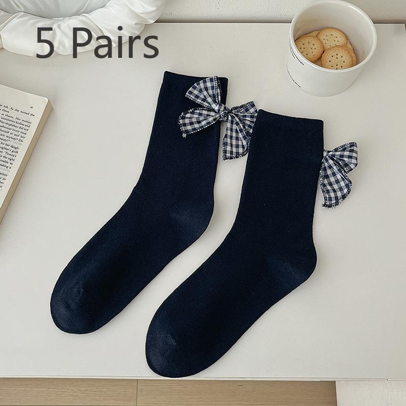 

5 пар женских весенне-осенних винтажных клетчатых хлопковых дышащих носков до середины голени с бантом 5 Pairs белый