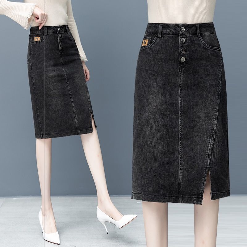 Spring Summer High Waist Denim Midi Skirt Button Fly A-Line Slit Casual Outfits