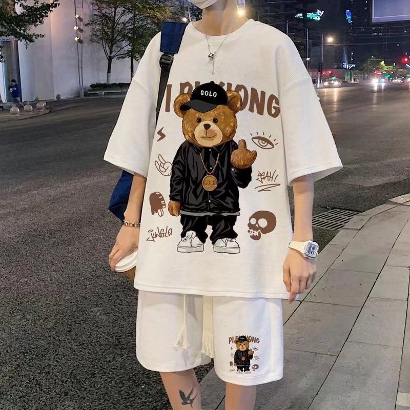 Korean Fashion Streetwear Hip Hop Rock Casual Short Suit Funny Bear Tshirts Shorts 2 Piece Set Summer Tracksuit Clothes For Men