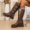Vintage Woman Western Cowgirl Boot Fashion Belt Buckle Long Booties Autumn Winter Suqare Low Heel Girl Shoes