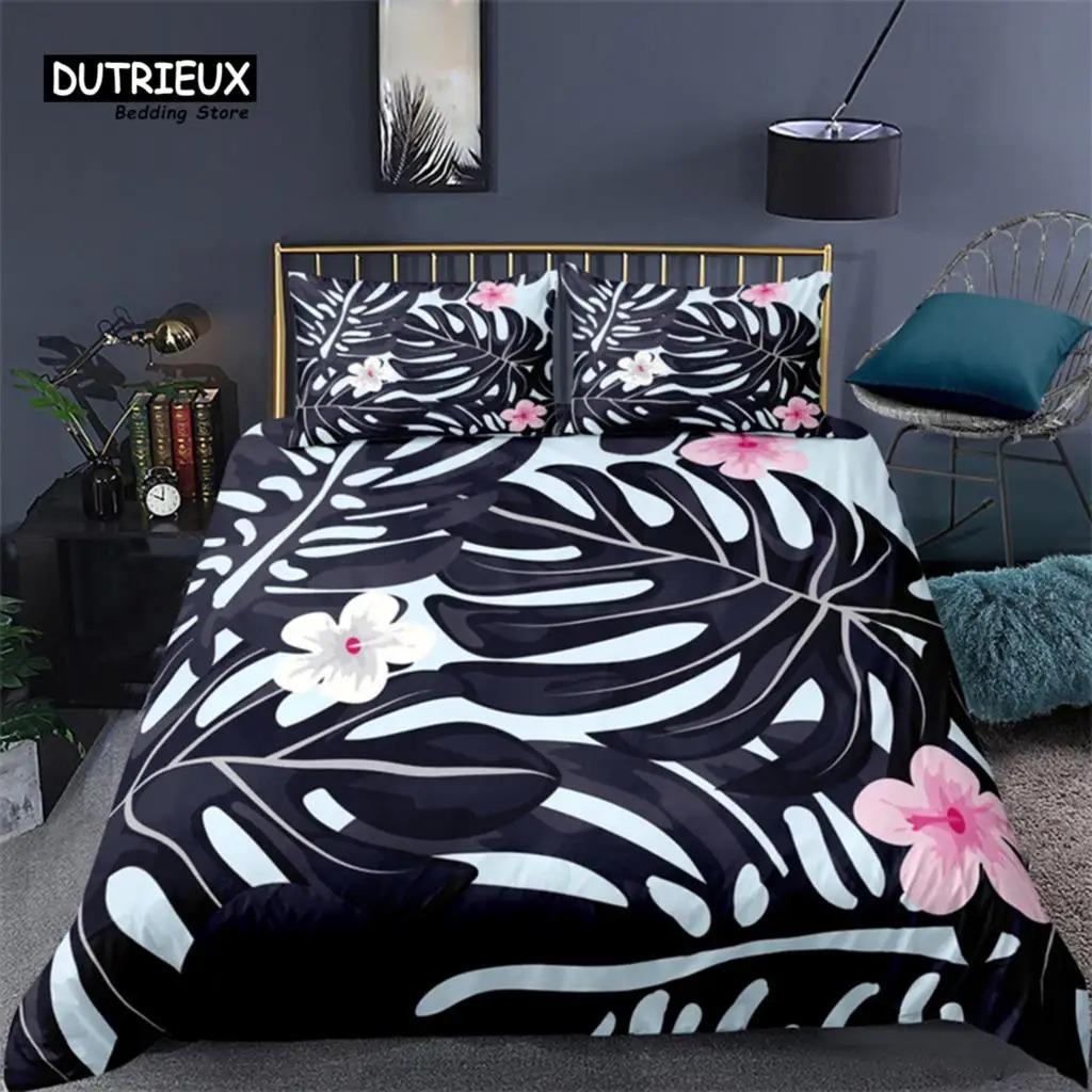 Soft Palm Leaves Comforter Cover Microfiber Tropical Botanical Leaves Bedding Set Double Monstera Leaf Floral Print Duvet Cover