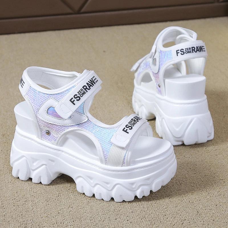 Mode Neue Pailletten 10CM Plateau Klobige Sandalen Damen Keile Hohe Absätze Sommer Sandale Frau Offene Zehenpartie Lässige Sportschuhe Damen