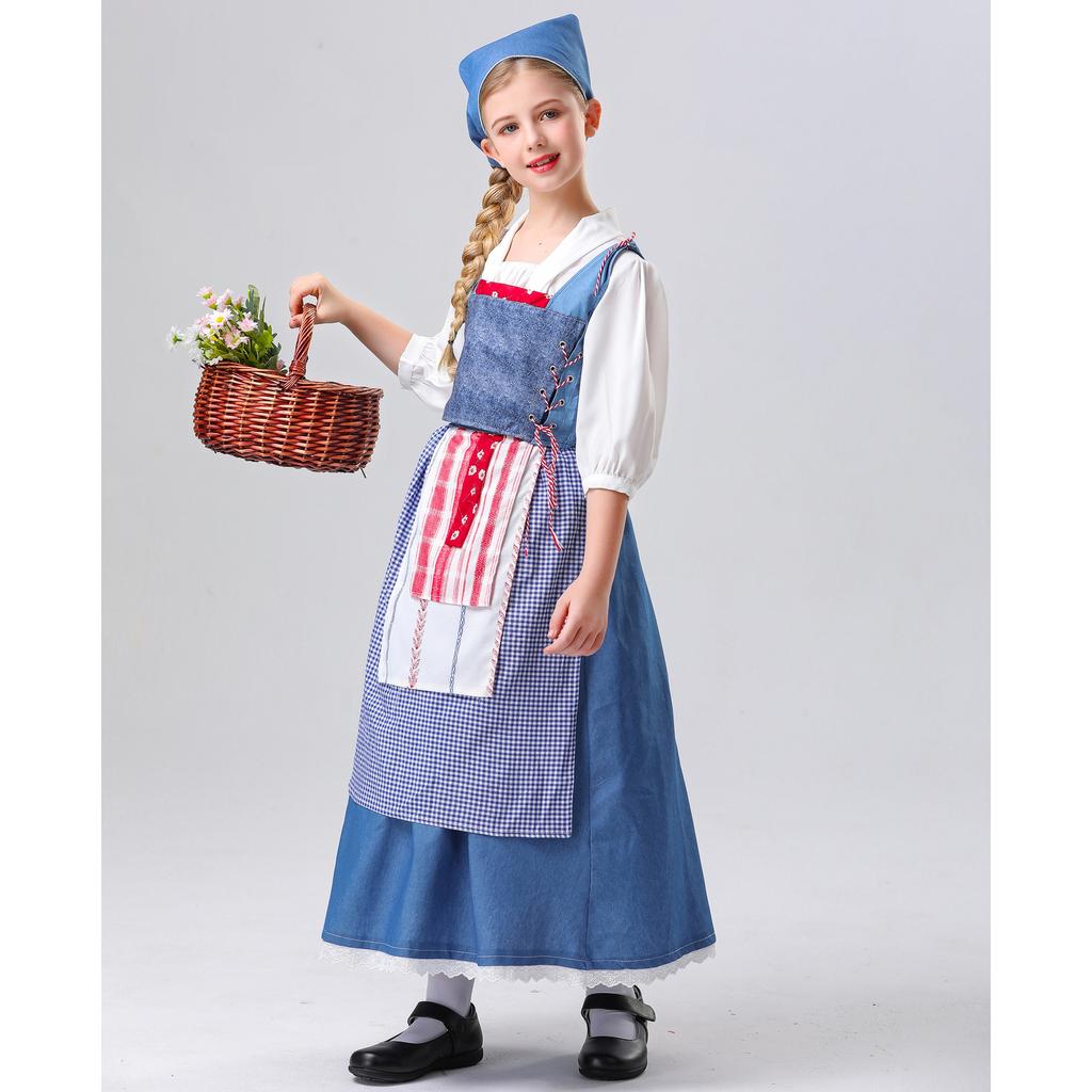 S-XL halloween children French manor maid cosplay costume medieval pastoral maid long dress parent-child outfit