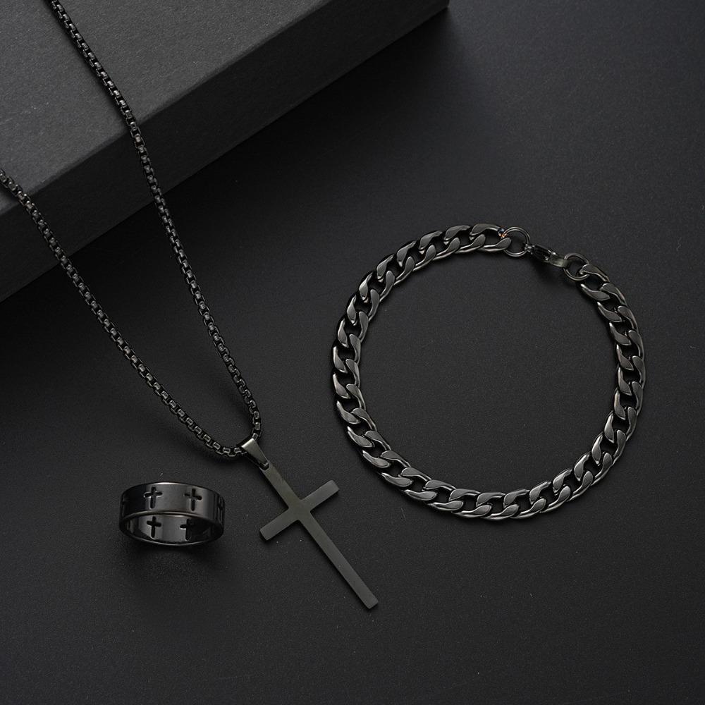 3pcs Set Punk Style Dark Stainless Steel Cross Necklace Bracelet Rings Set for Men Personality Hip Hop Rock Jewelry Set Gift