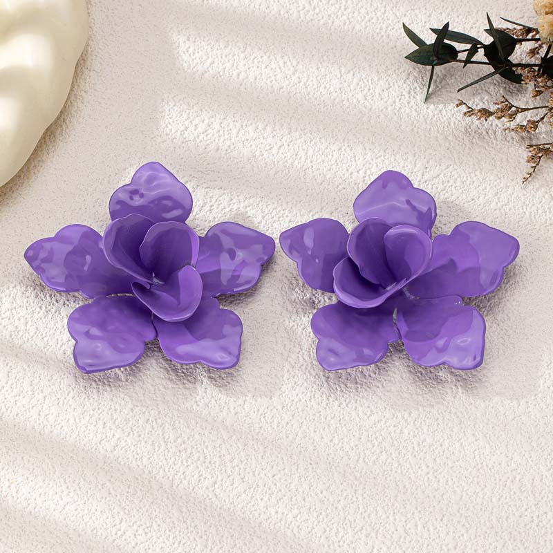 Exaggerated Metal Large Flower Stud Earrings for Women Vintage Red Drip Oil Petal Personality Earrings Party Zircon Accessories