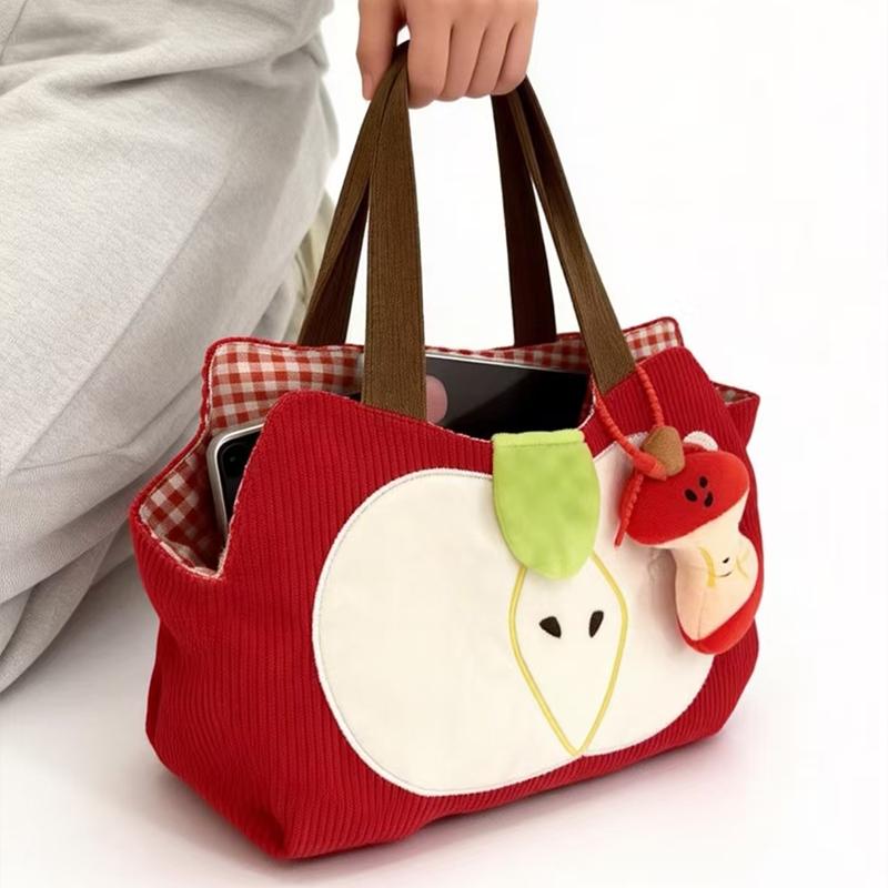 Red Apple Handbag Creative Cute Corduroy Shoulder Bag Stylish Outing Canvas Bag With Apple Pendant Casual Versatile Shoulder Bag