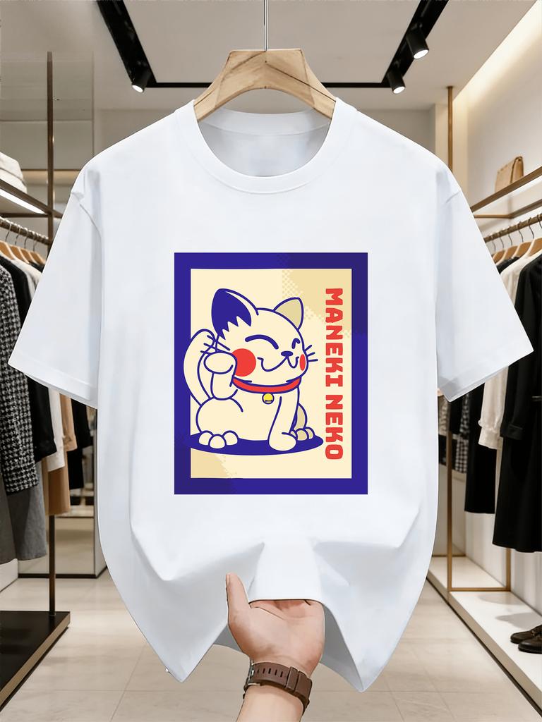 Cartoon Unisexeki Neko Print Unisex Short Sleeve Tshirt Lucky Fortune Cat O Neck Tee Japanese Style Fan Casual Male Street Fashion Top