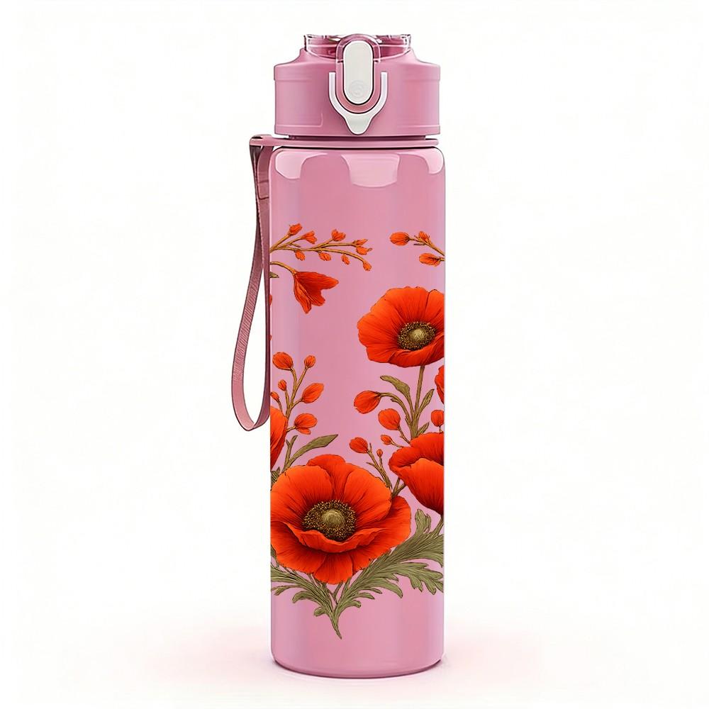 1PC Red Poppy Flower Cluster Print 750ml Color Plastic Sports Water Bottle Leakproof Flip Straw Lid For Sports Office Home Use