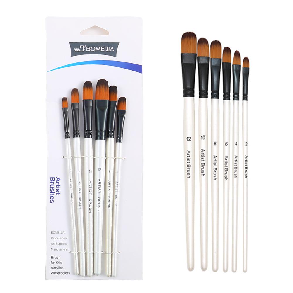 Six-Piece Nylon Hair Paintbrush Set with Pointed and Flat Heads for Acrylic, Watercolor, and Oil Painting - Pearlescent White