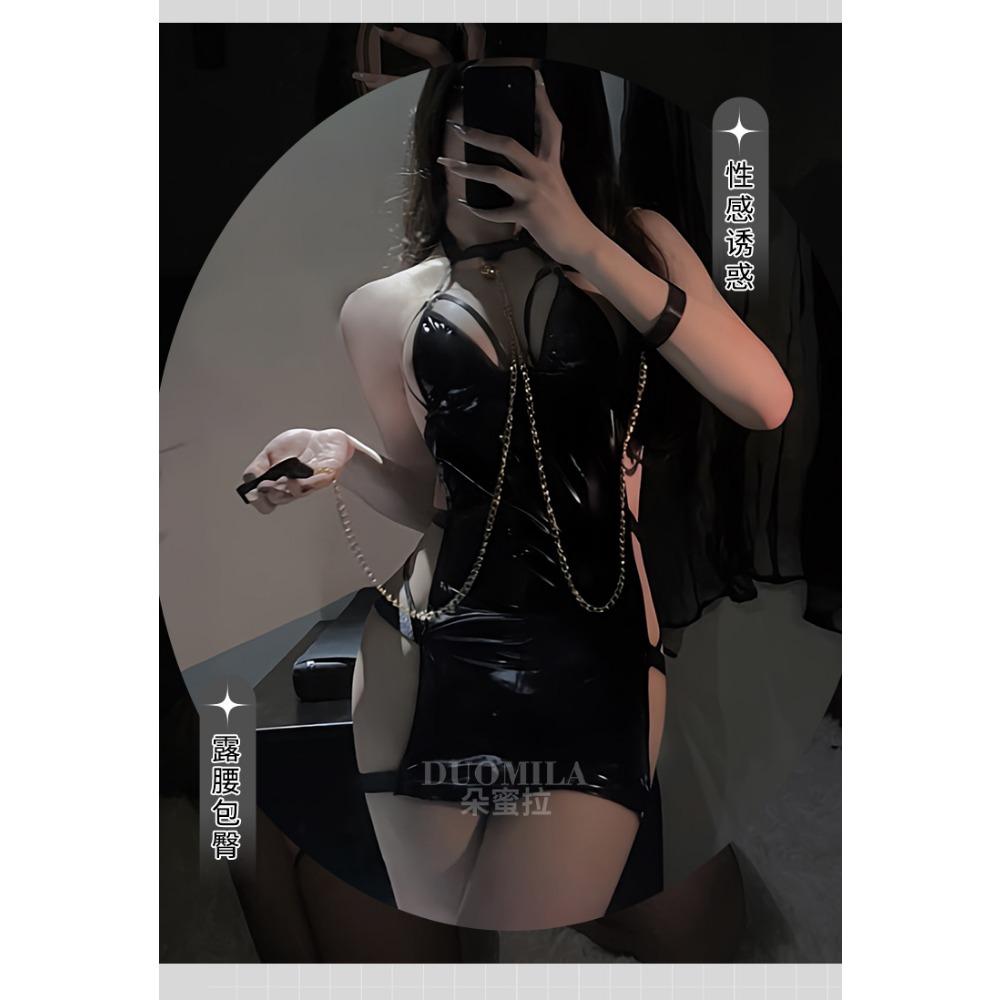 Sex Underwear PU Bright Leather SM Chain Bondage Binding Hollow Patent Leather Tight Dress Set Women's Hair