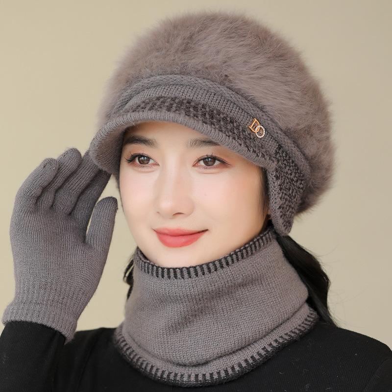 Autumn Winter Warm Windproof Hat Women Casual Rabbit Fur Blend Knitted Plush Fur Lined Cap