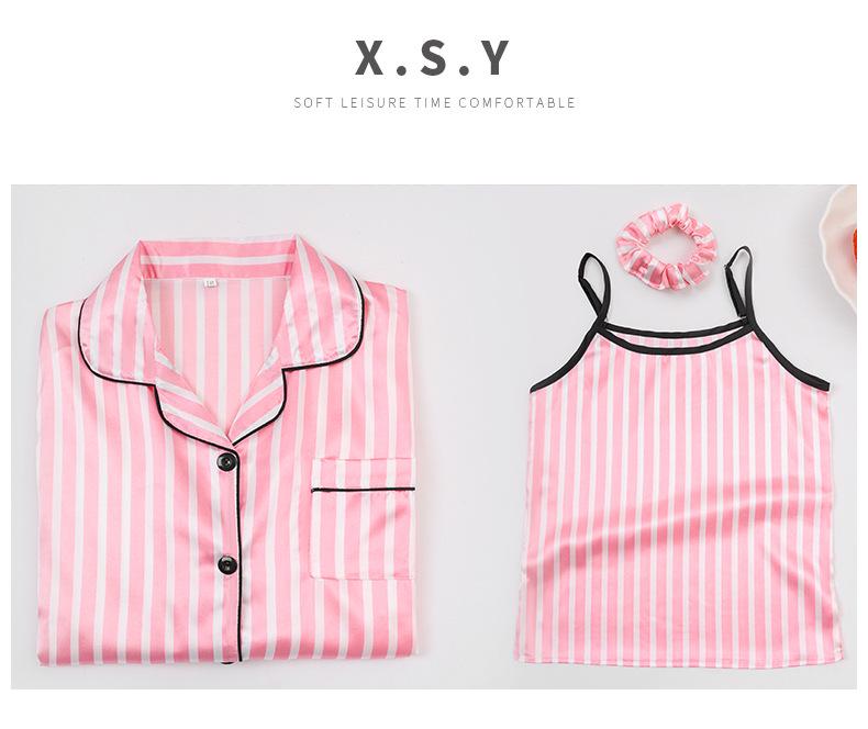 Vier Jahreszeiten Tragbares Kinder Pyjama Set aus Imitationsseide mit Streifen - 7 Teile