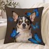 1pc Pillowcase, Long-haired Dog Surrounded by Blue Butterflies Print, 2D Flat Printing, Single-sided Print, No Pillow Insert, 17.72 X 17.72 Inches (45