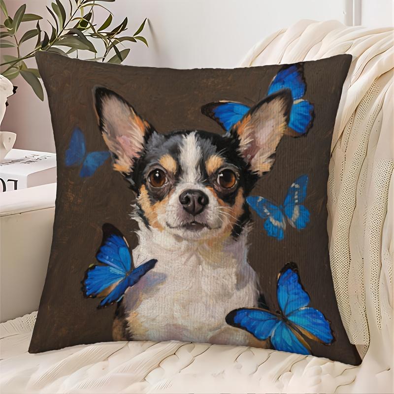 1pc Pillowcase, Long-haired Dog Surrounded by Blue Butterflies Print, 2D Flat Printing, Single-sided Print, No Pillow Insert, 17.72 X 17.72 Inches (45
