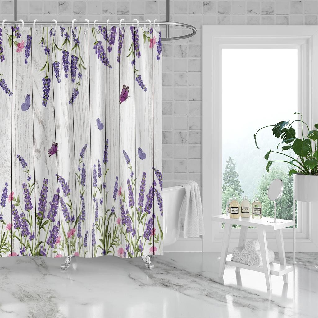 1 Piece 180X180Cm Natural Floral Purple Lavender Pattern Printed Shower Curtain Partition Bathroom Waterproof And Mildew Proof