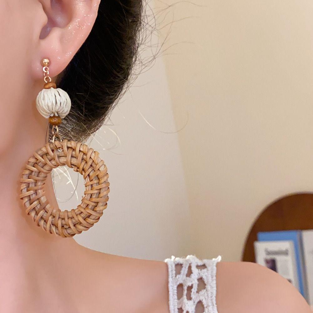 Round Bohemian Drop Earrings Beach Jewelry Geometric Earrings Sweet Rattan Weave Earrings  Wedding