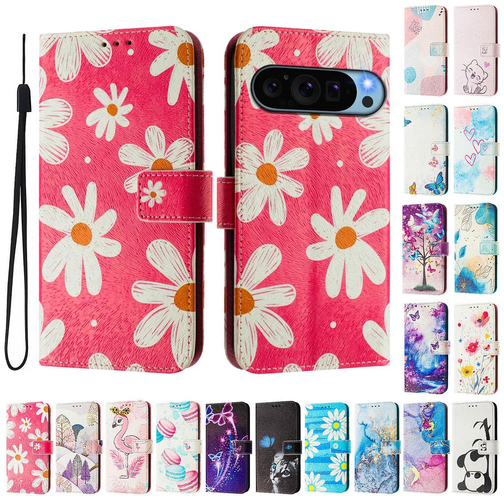 Pink Daisy Luxury Painted Leather Case Wallet Book Style Cover for Google Pixel 5,5a 5G/6,6a,6 Pro/7,7a,7 Pro/ 8,8a,8 Pro /9,9 Pro,9 Pro XL