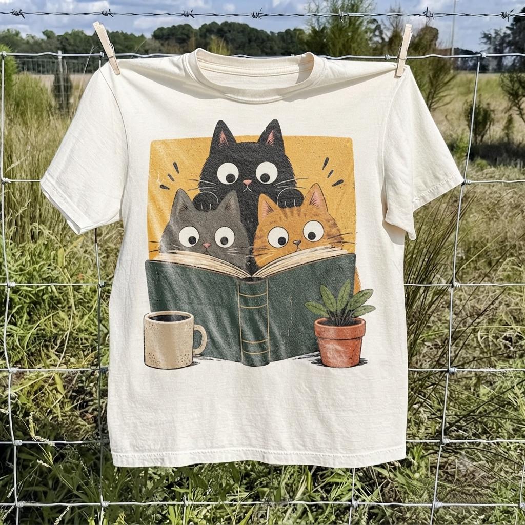 Retro Curious Reading Cats Graphic T-Shirt Cozy Book Lover Tee Gift